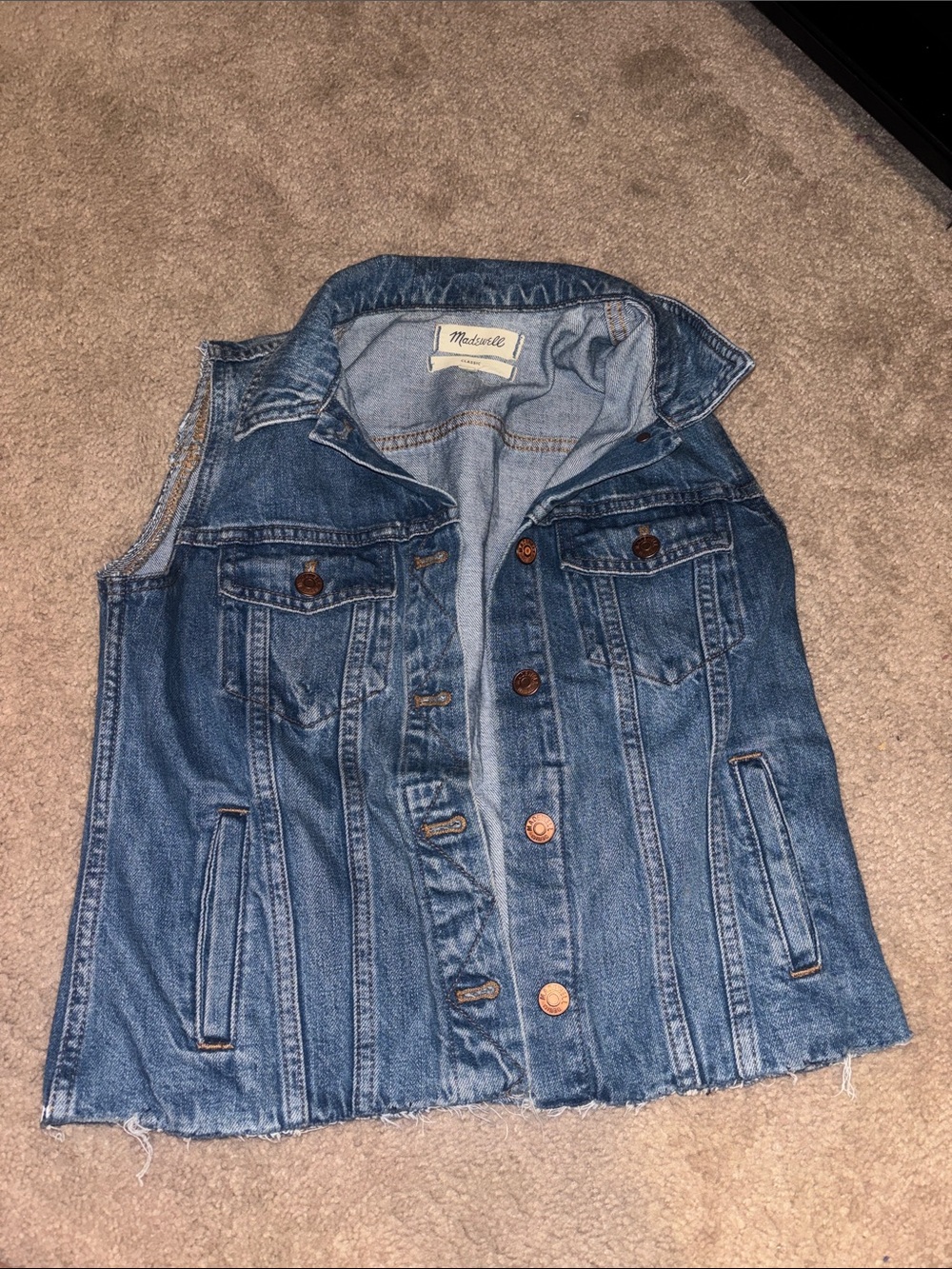Vintage Hand-Painted Back Madewell Medium Blue Denim Vest with Frayed Hem